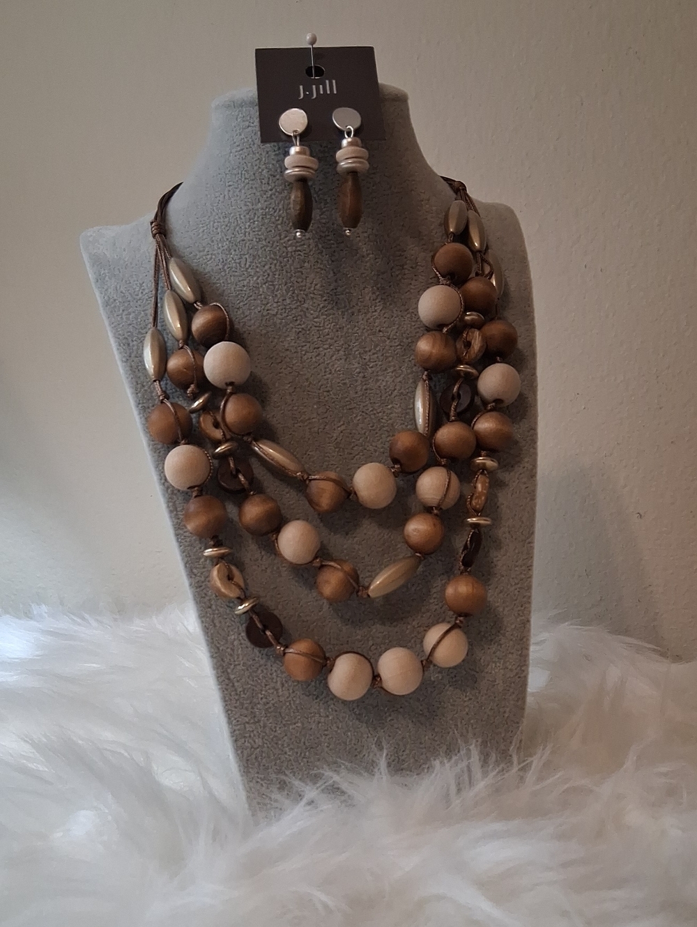NWT J. Jill Layered Brown and Gold Wood Beaded Necklace with Matching Earrings